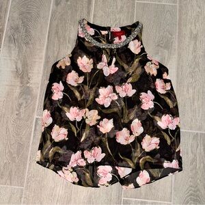 Pink Floral Jeweled Neckline Blouse